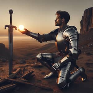 Knight Kneels at Sunrise Reaching for the Sun