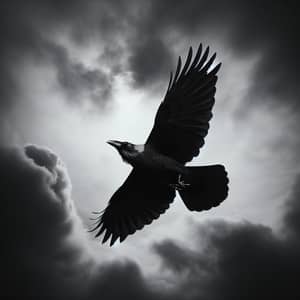 Crow Flying in Gray Sky