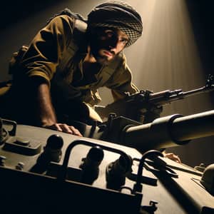 Intense Middle-Eastern Soldier on Tank | Courage & Resolution