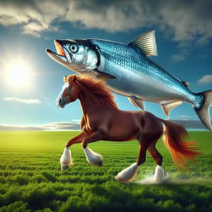 Whimsical Herring Riding Chestnut Horse Across Lush Field