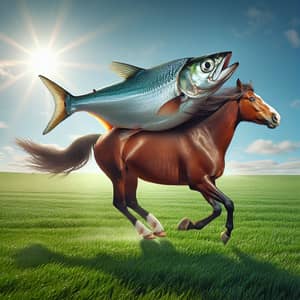 Whimsical Scene: Herring Riding Chestnut Horse in Sunny Field