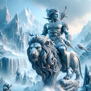 Mythical Figure Seated on Lion in Himalayas | High-Quality 3D Image