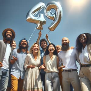 Diverse Group Celebrating with Number 49 Balloon