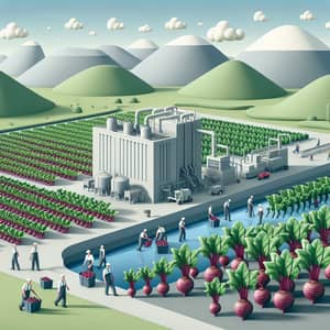 3D Beet Harvesting Scene with Workers and Factory