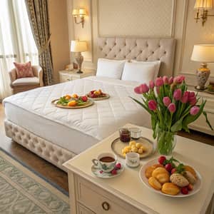 Elegant Bedroom with Breakfast and Tulips