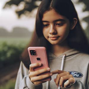 Hispanic Teen Girl with Pink Ford Mobile Phone Outdoors