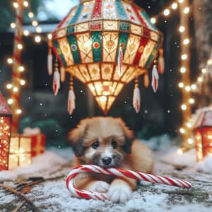 Festive Christmas Parol with Playful Puppy