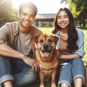 Joyful Brown Dog with Diverse Owners in Park | Warmth and Affection