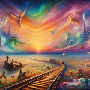 Surreal Landscape Oil Painting: Vibrant Colors & Imaginary Creatures