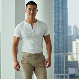 Stylish Asian Man in Tapered Chinos and Henley