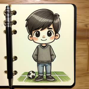 Cartoon Drawing of 8-Year-Old Boy in Soccer Field