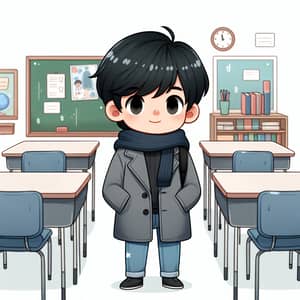 Cartoon Drawing of 8-Year-Old Boy in Classroom