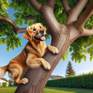 Lively Golden Retriever Climbing Tree | Serene Suburban Scene