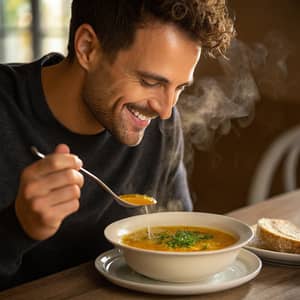 Happy Man Enjoying Soup – Photorealistic Art