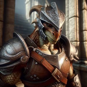 Male Dragonborn Warrior in Medieval Fantasy Setting