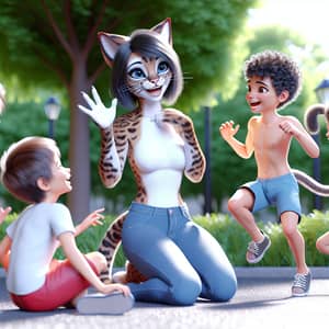 Three Boys Play with a Humanoid Cat in 3D