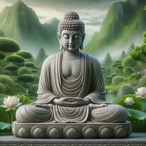 Tranquil Buddha Statue in Lush Garden Setting