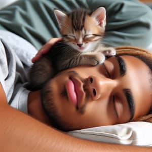 Adorable Sleeping Kitten with Diverse Person
