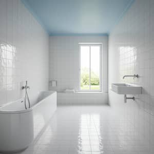 Stylish Bathroom with White Tiles and Blue Ceiling