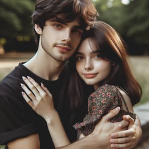 Gentle Embrace in Serene Park: Young Couple Smiling Affectionately