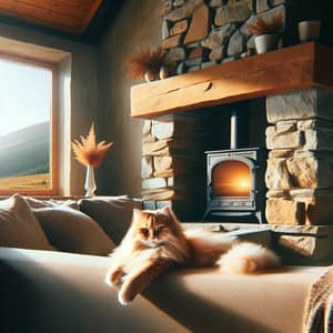 Cozy Cat on Couch with Chimney & Window