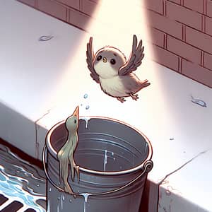 Pitiful Bird Perched on Bucket Soaring Down Gutter