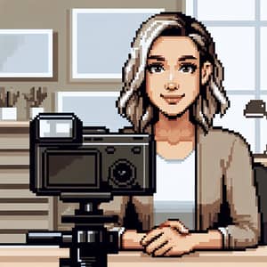 Caucasian Female Influencer at Desk | Professional 16-bit Cartoon