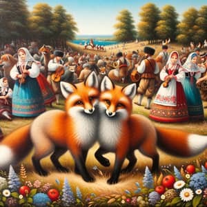 Foxes Frolicking in Slavic Landscape - Traditional Festival Scene