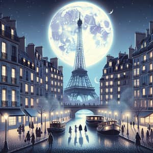 Breathtaking Paris Scene under Radiant Moon - Eiffel Tower & More