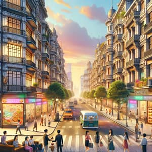 Vibrant City Streetscape | Modern designs & historical aesthetics