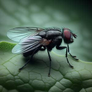 Black Housefly on Green Leaf - Nature Close-up Photo