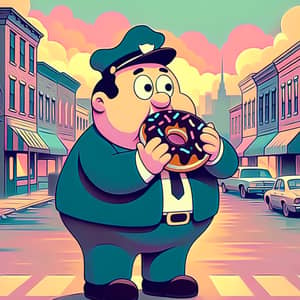 Colorful Animated Character Enjoying Donut in Pastel Springfield Cityscape