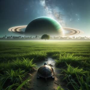 Solitary Turtle in Serene Grass Landscape with Saturn