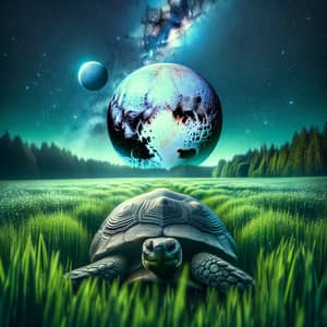 Majestic Turtle Crossing Grass Field with Pluto in Background