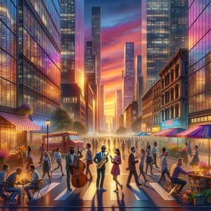 Vibrant Urban Sunset Cityscape | Diverse Street Life & Jazz Music