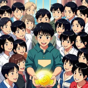 Asian People Surrounded Boy Holding Anime Gold Coin