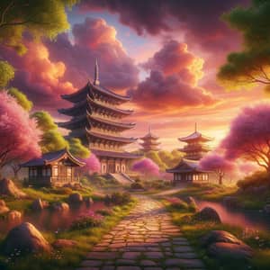 Tranquil Buddhist Temple in Serene Setting | Green Trees, Cherry Blossoms