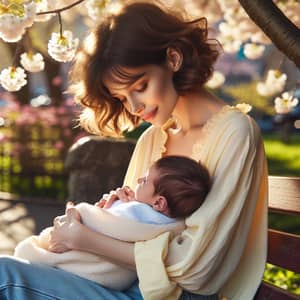 Tender Moment: Mother Cradling Newborn Baby Under Cherry Tree