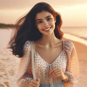 Tranquil Middle-Eastern Woman on Beach at Sunset