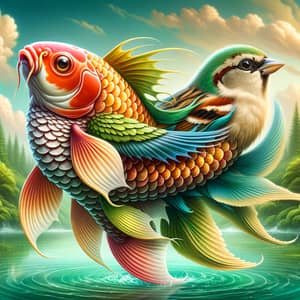 Fantastical Koi Fish Sparrow Hybrid in Surrealist Landscape