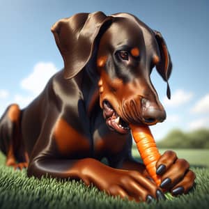 Doberman Serenely Enjoying Carrot Snack Time