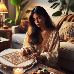 Beautiful Woman Embroidering in a Cozy Room