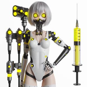 Female Demolition Drone with Yellow Neon Eyes and Silver Hair