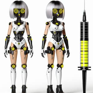 Female Drone Dismantler with Yellow Neon Eyes and Short Silver Hair