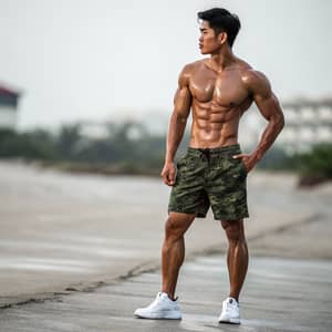 Handsome Taiwanese Muscle Man in Camouflage Shorts