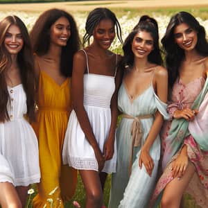 Diverse Group of Women Enjoying Sunny Day in Flower Field