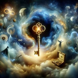 Surrealistic Mysteries: Antique Golden Key in Glowing Mist