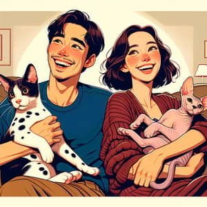 Lively Poster of Couple with Cats Laughing on Sofa