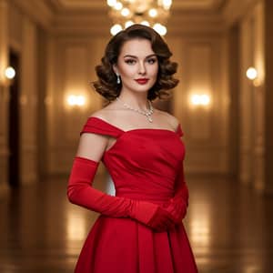 Elegant Woman in Red Dress and Gloves