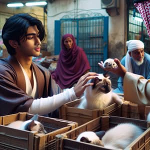 Bustling Market Scene with Curious Cats and Charismatic Individual